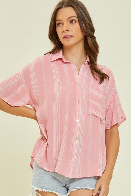 Light Airy Stripe Gauze Button Down Shirt in Pink