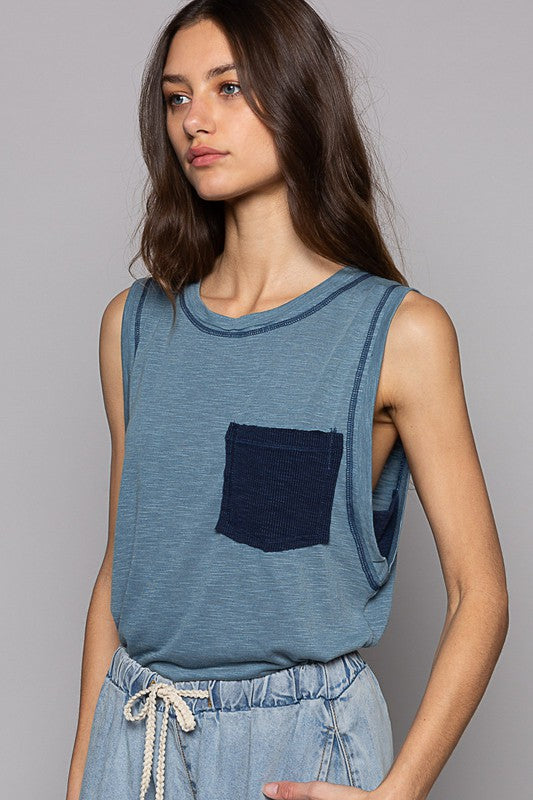 Round Neck Sleeveless Pocket Front Solid Top in Denim