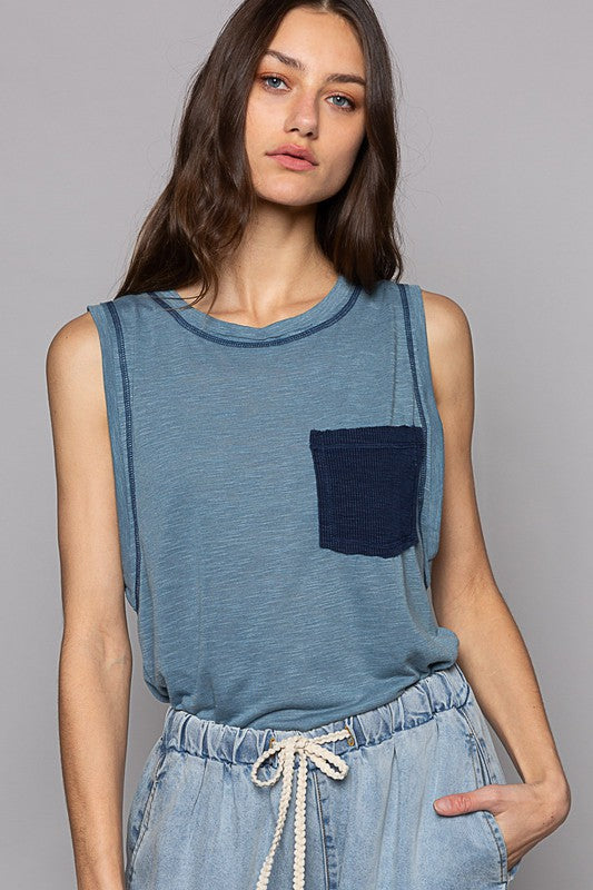 Round Neck Sleeveless Pocket Front Solid Top in Denim