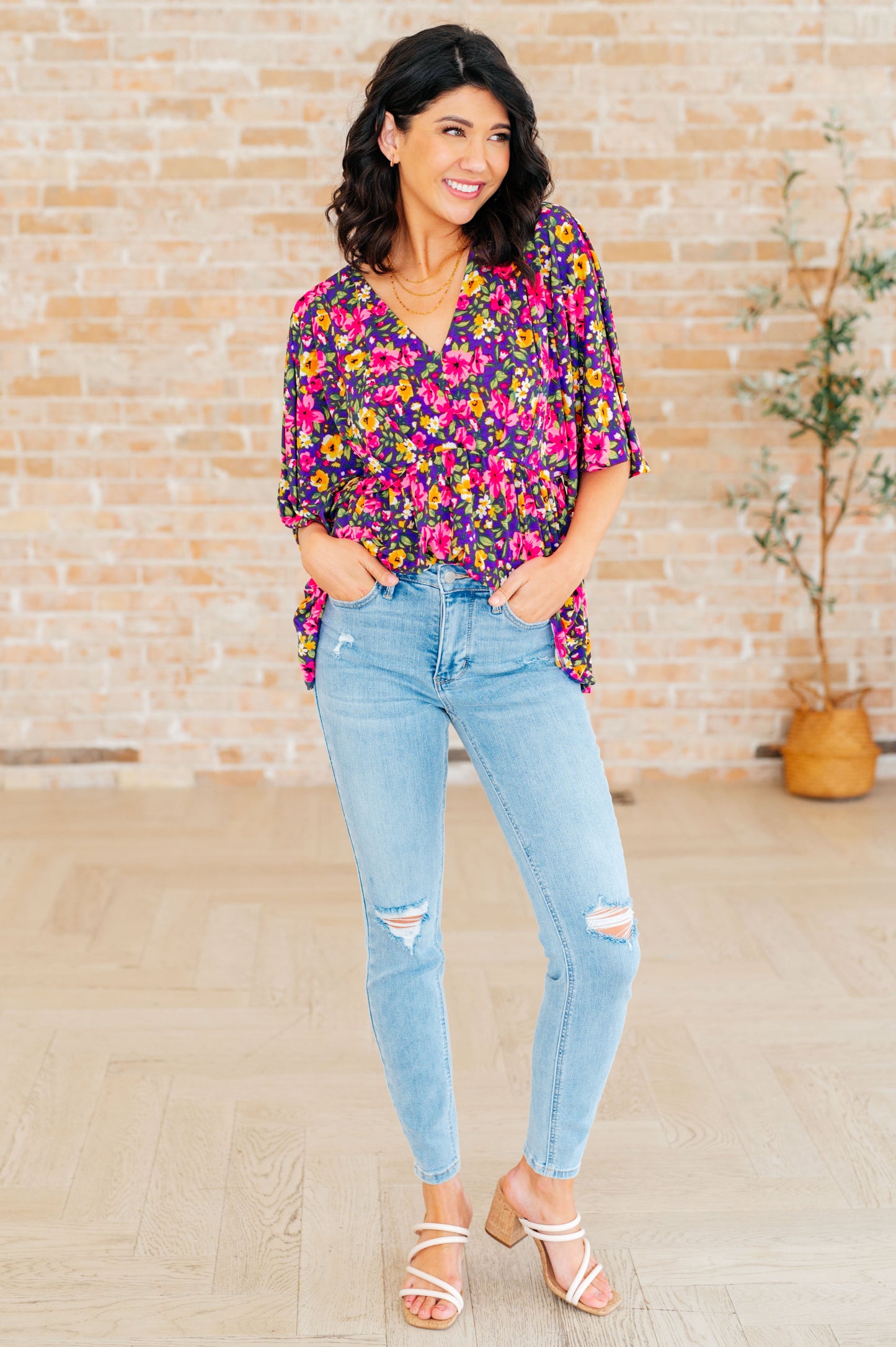 Dreamer Peplum Top in Purple and Pink Floral