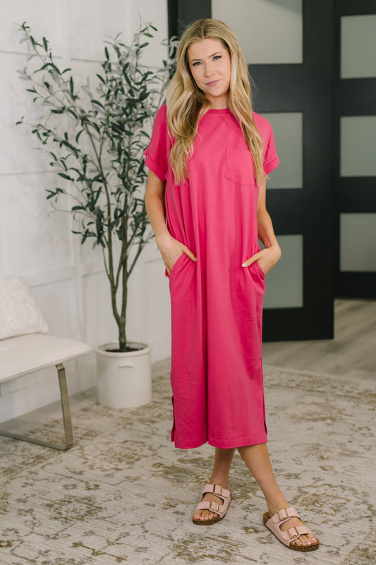 Fix You Right Up Short Sleeve Midi Dress in Hot Pink