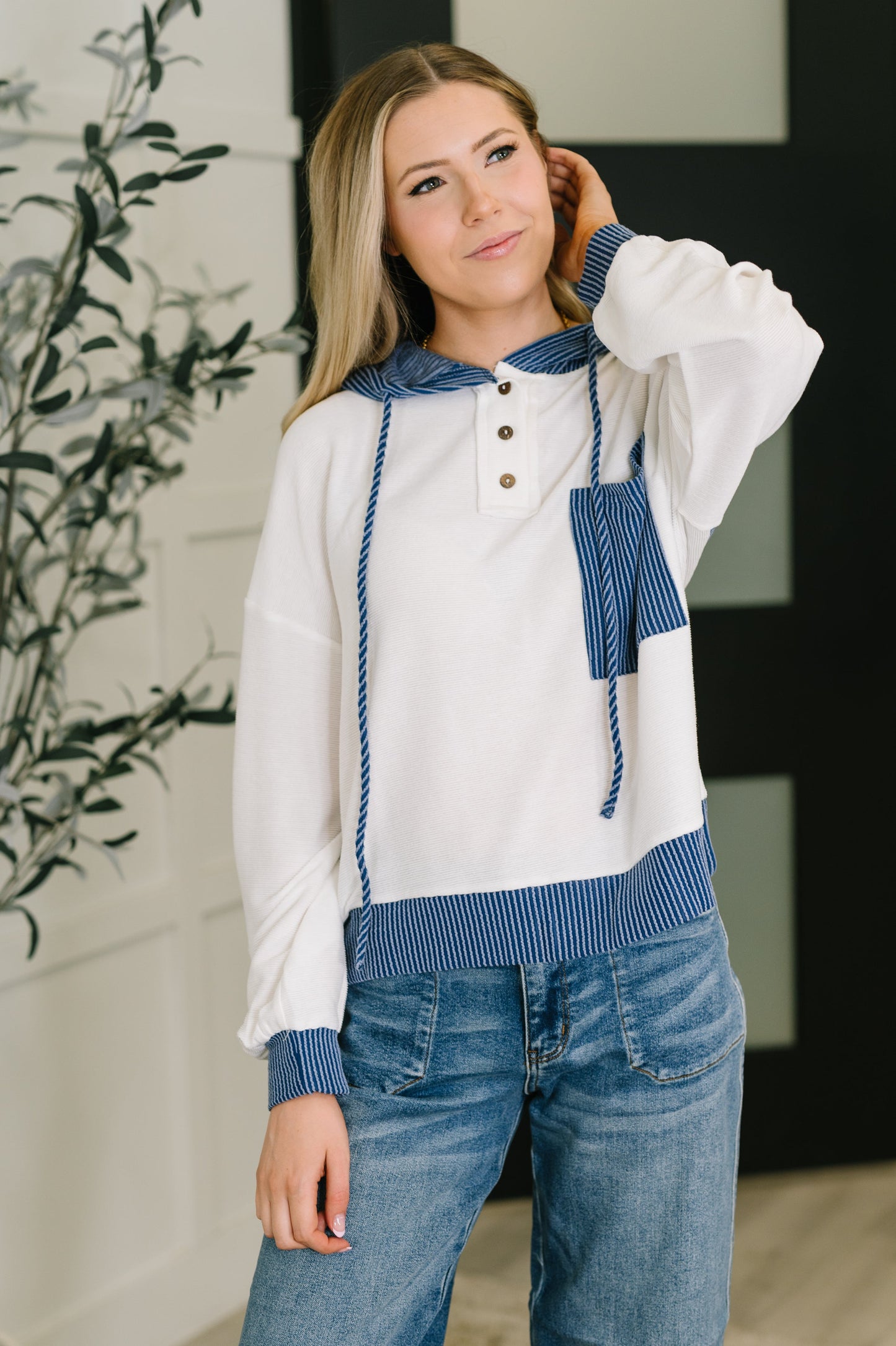 Here for Now Color Block Hoodie in Blue