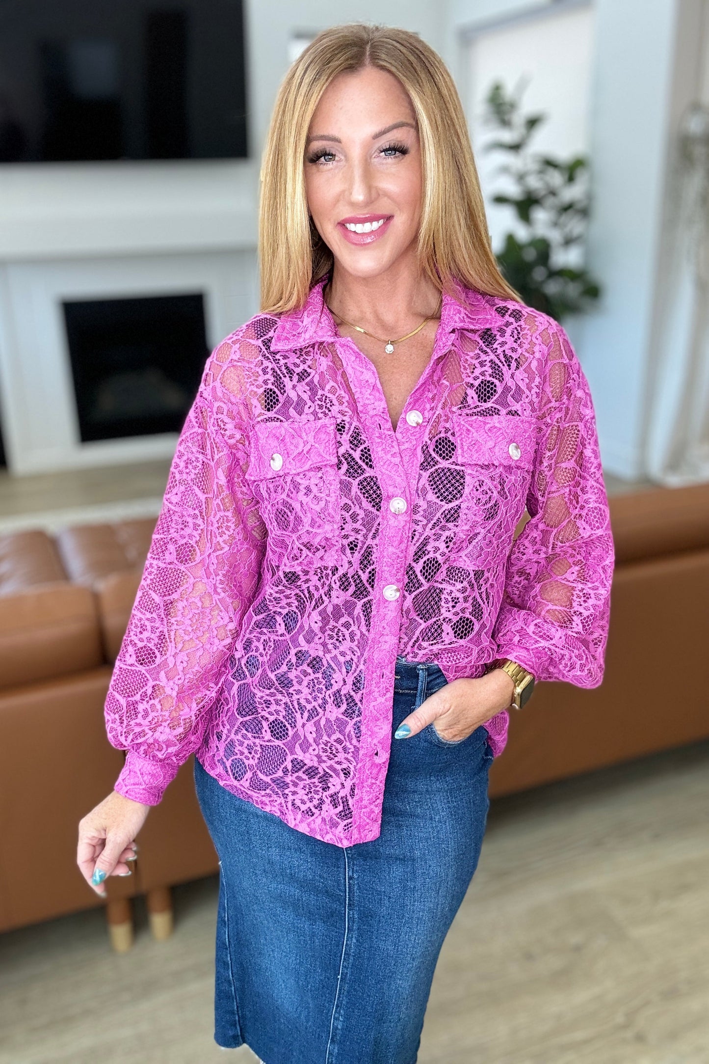 Stick Together Lace Button Up in Magenta