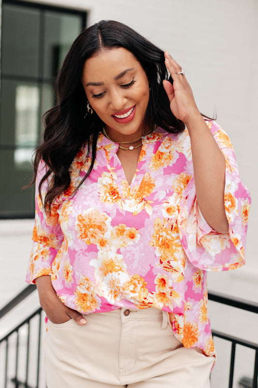 Lizzy Bell Sleeve Top in Pink and Gold Floral