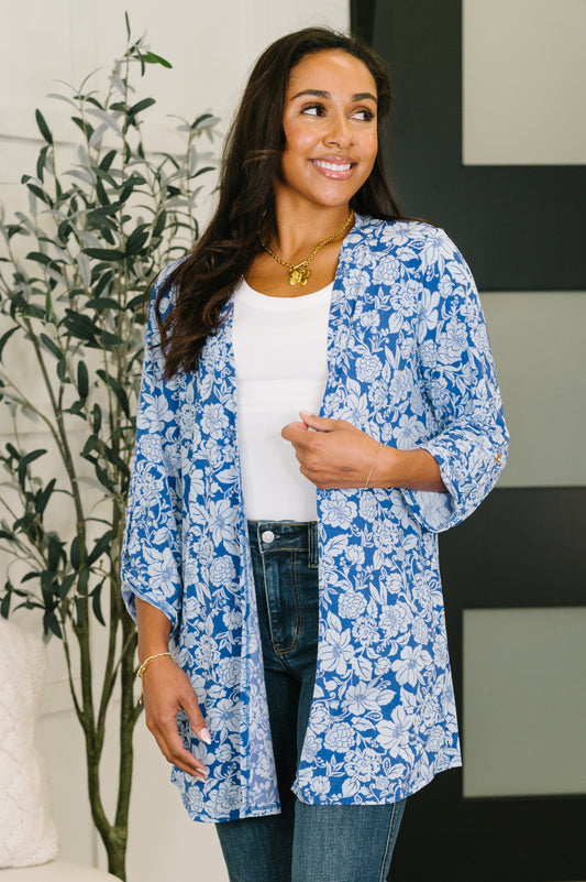 Lizzy Cardigan in Blue and White Floral
