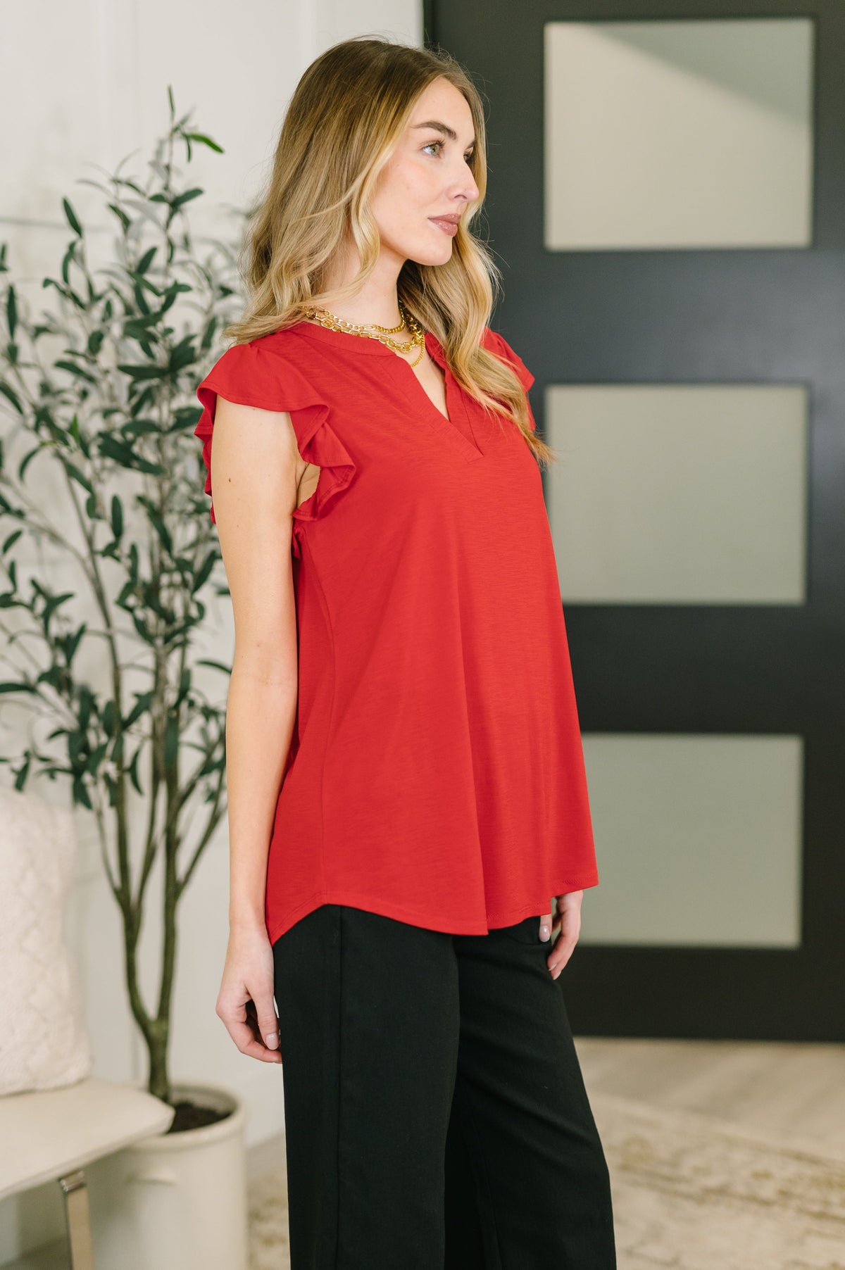 Lizzy Flutter Sleeve V-Neck Blouse in Red