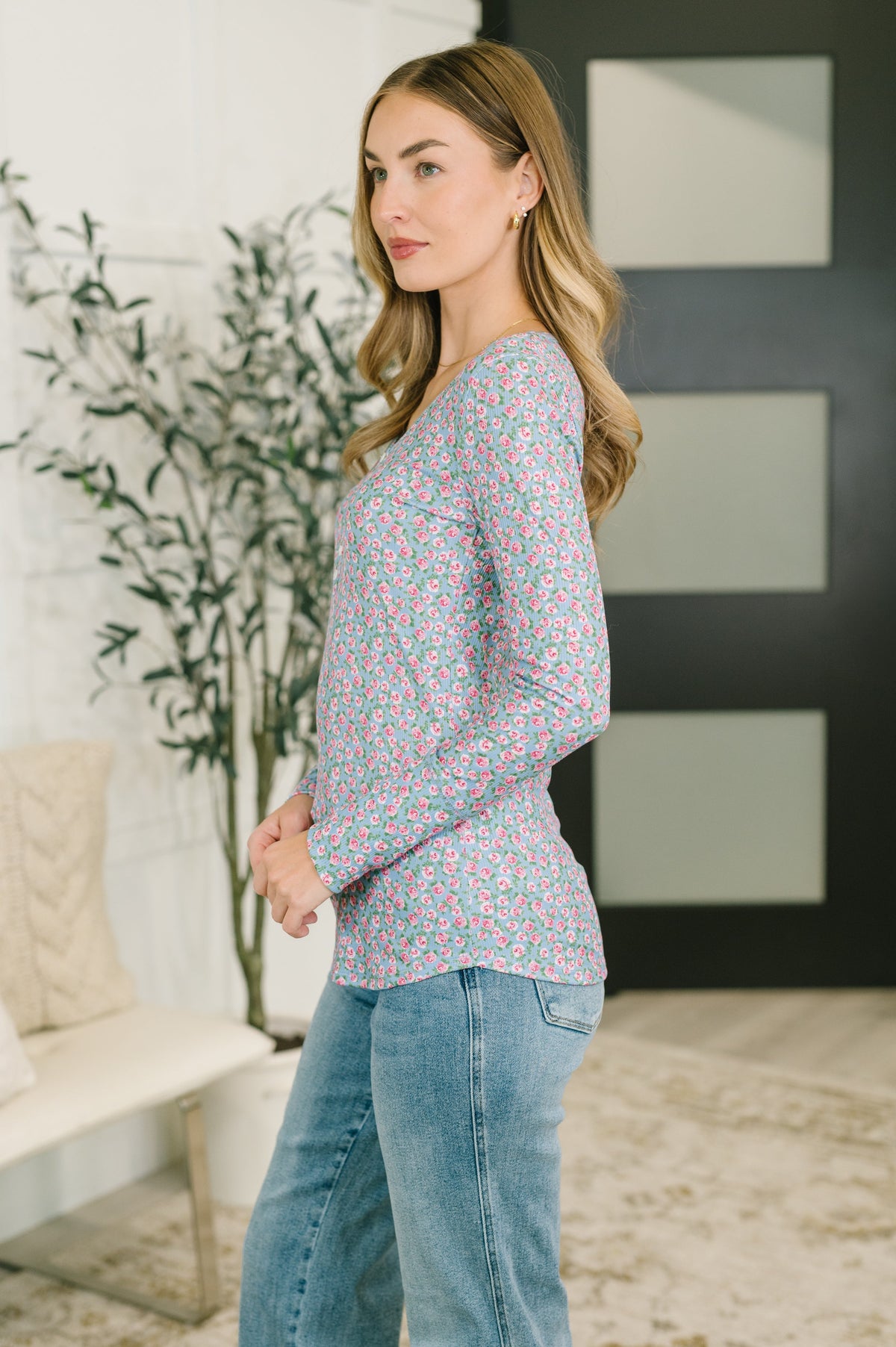 Stop and Smell the Flowers Scoop Neck Henley