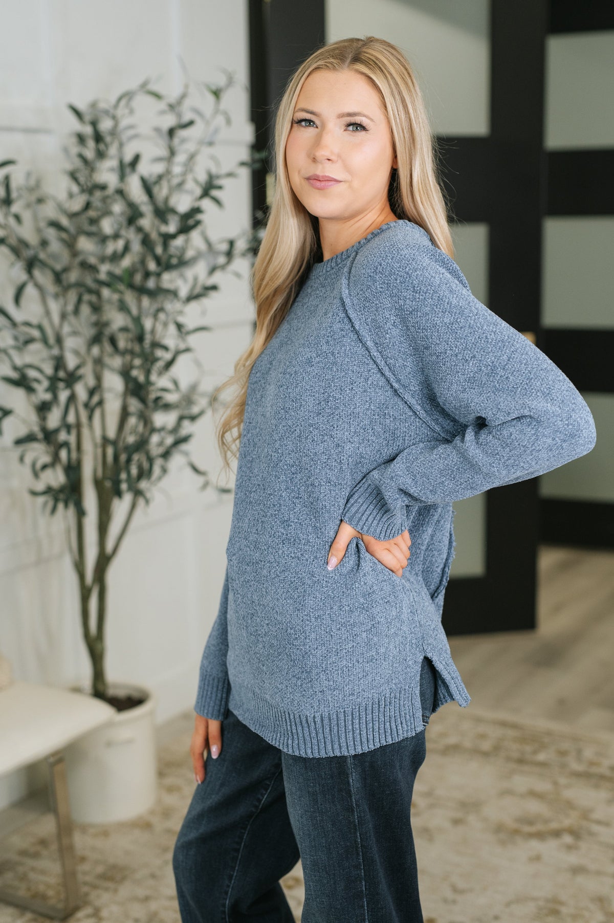 Words Of Wisdom Raglan Sleeve Sweater in Dusty Blue