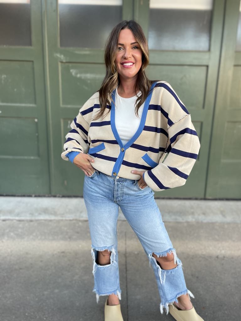 PREORDER: Contrast Trim Cardigan in Navy Stripe