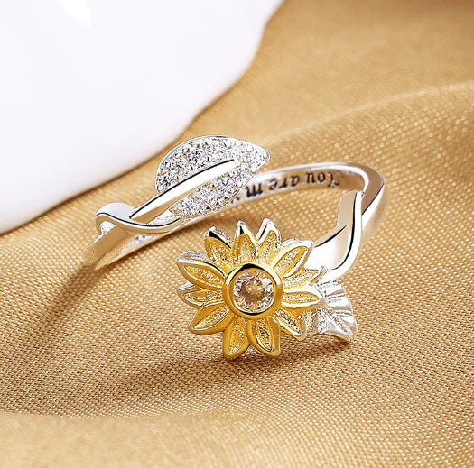 Gold and Silver Two-tone Sunflower Ring with Inscription
