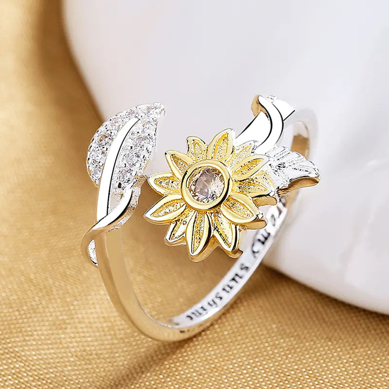 Gold and Silver Two-tone Sunflower Ring with Inscription