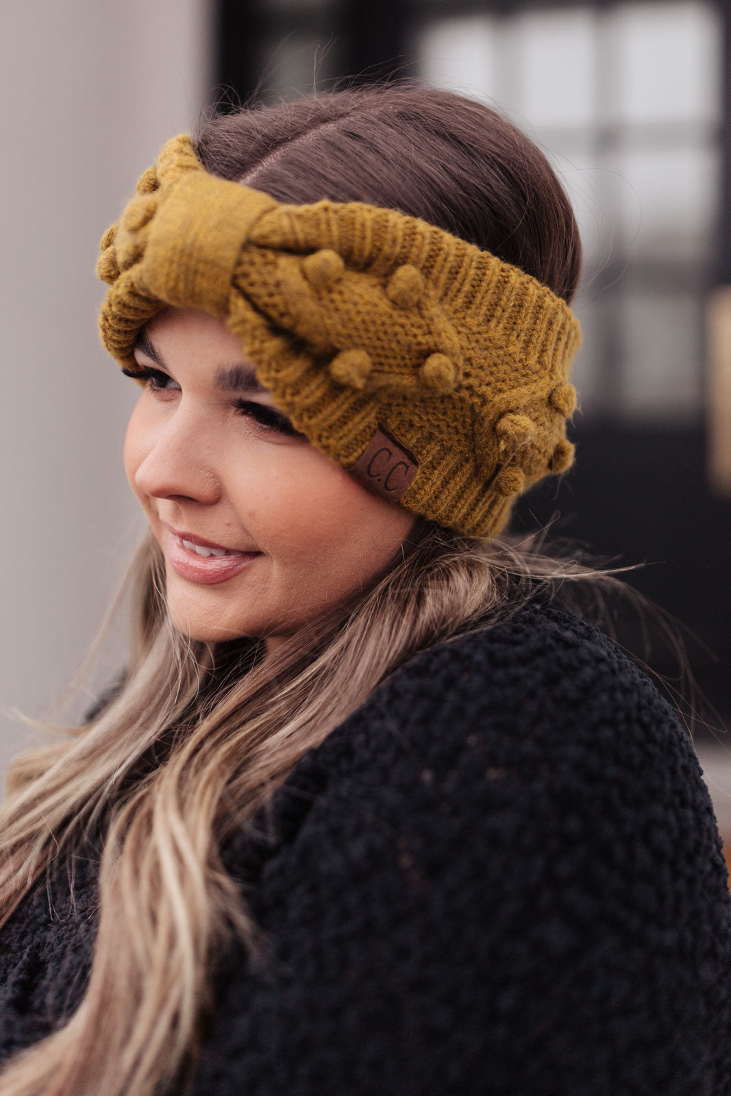 Pom Knit Head Wrap in Mustard