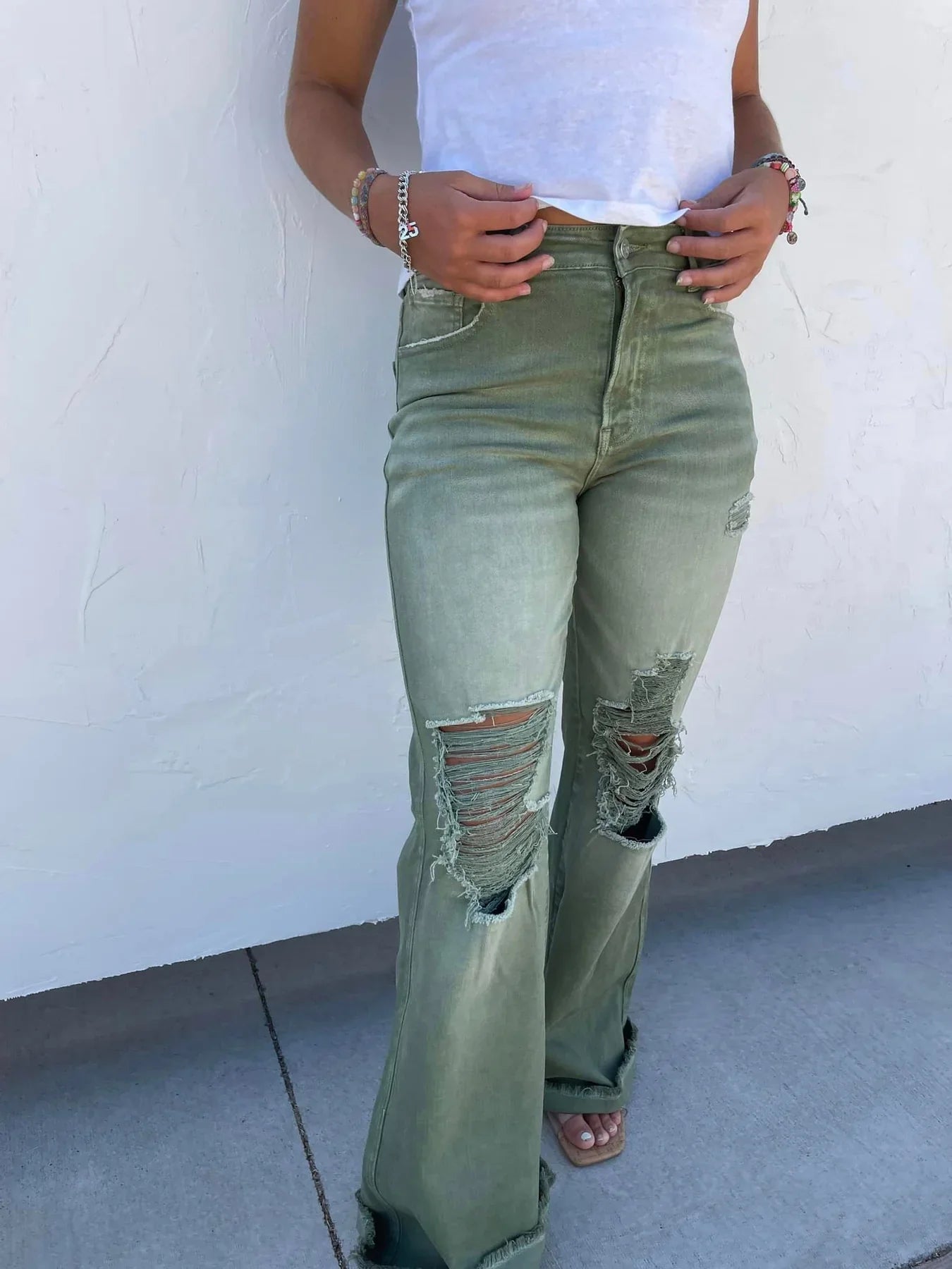 PREORDER: Blakeley Distressed Jeans In Olive and Camel