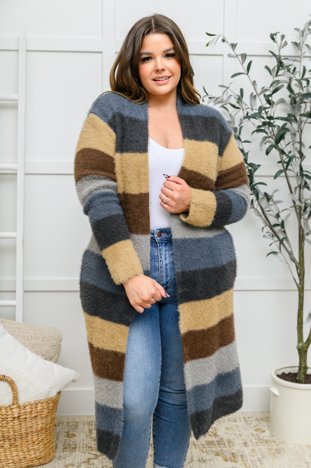 Fuzzy Longline Cardigan In Blue & Cocoa